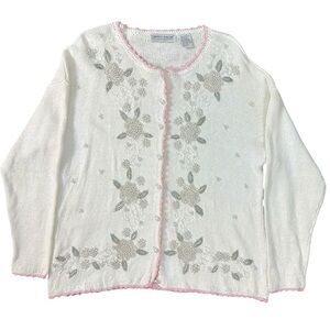 Vintage 80s Cottage Core Sweater Cardigan Beaded Floral Pearls Shabby Chic Large